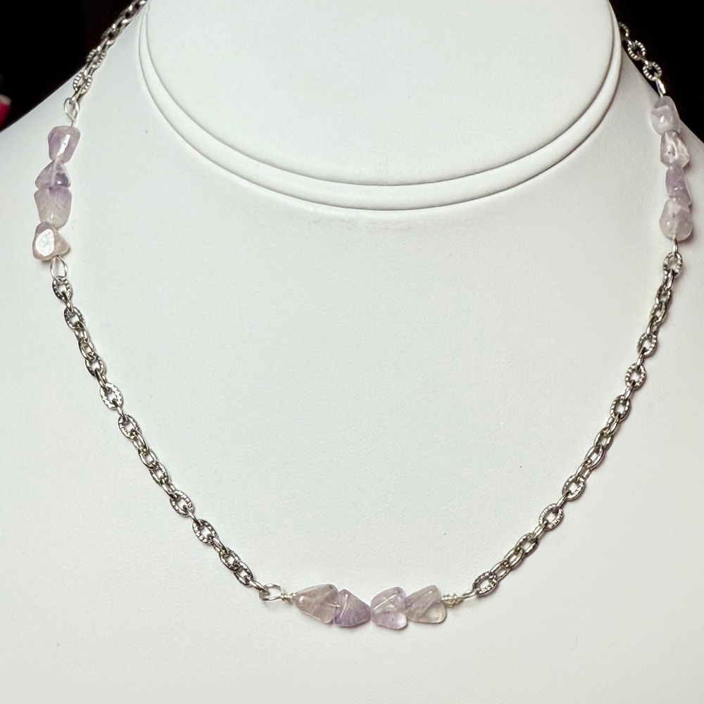 Pale Amethyst Crystal Chips on Stainless Steel Chain Necklace